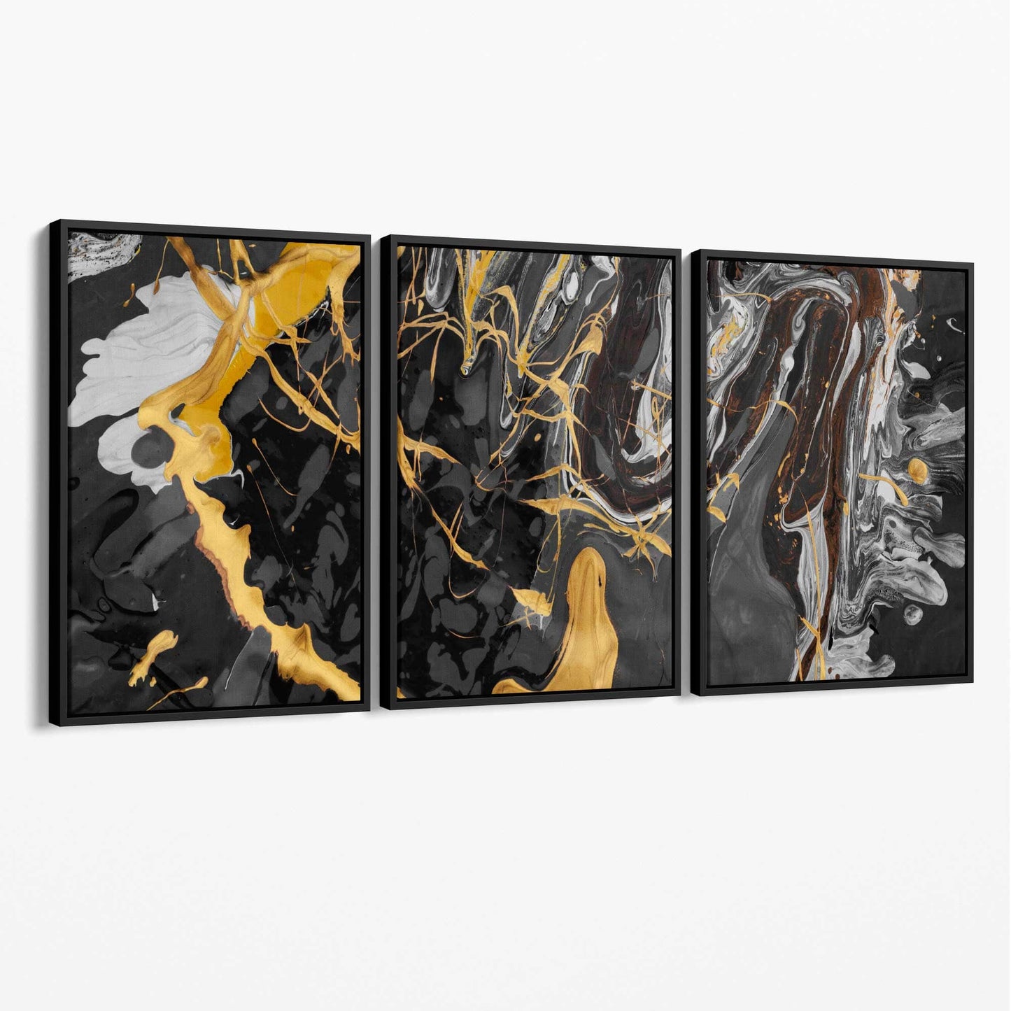 Abstraktes Schwarz-Gelb-Kunstset mit 3 Leinwänden
