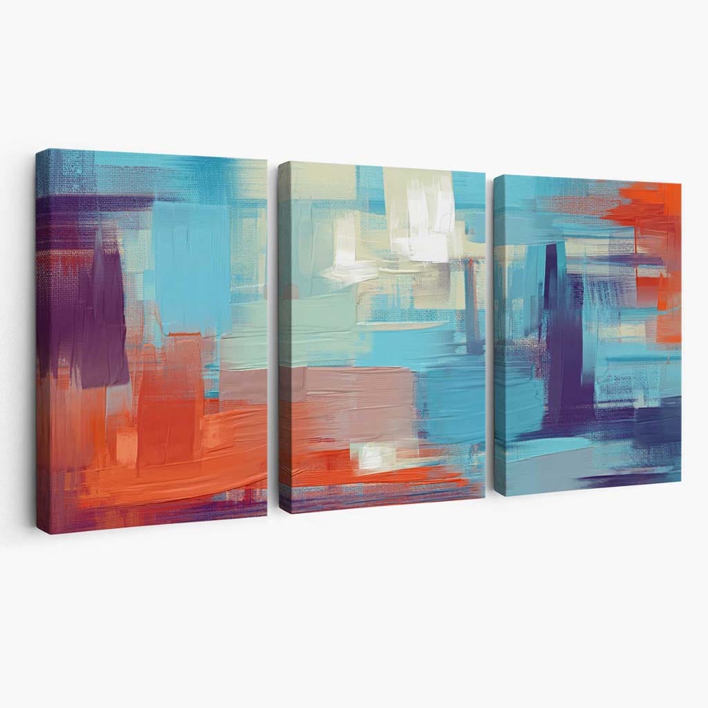 Abstrakter Sonnenuntergangsplatz in Blau, Lila und Orange auf Leinwand