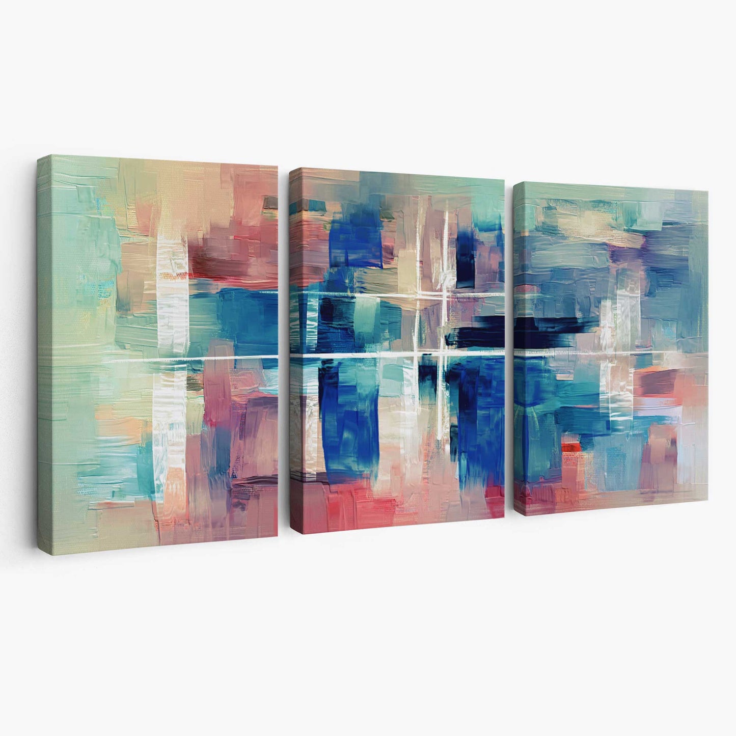 Abstraktes Leinwandbild mit Farbstreifen in Blau und Rosa