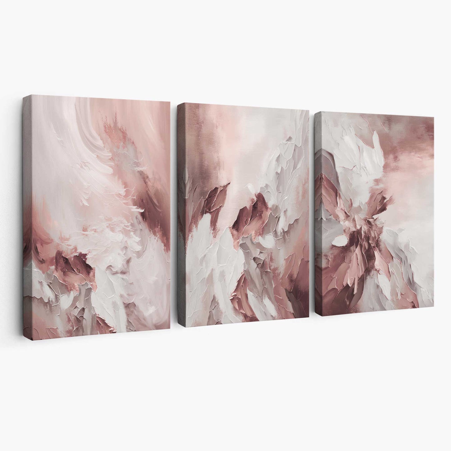 Abstraktes Set aus 3 Leinwandbildern in zartem Rosa und Weiß