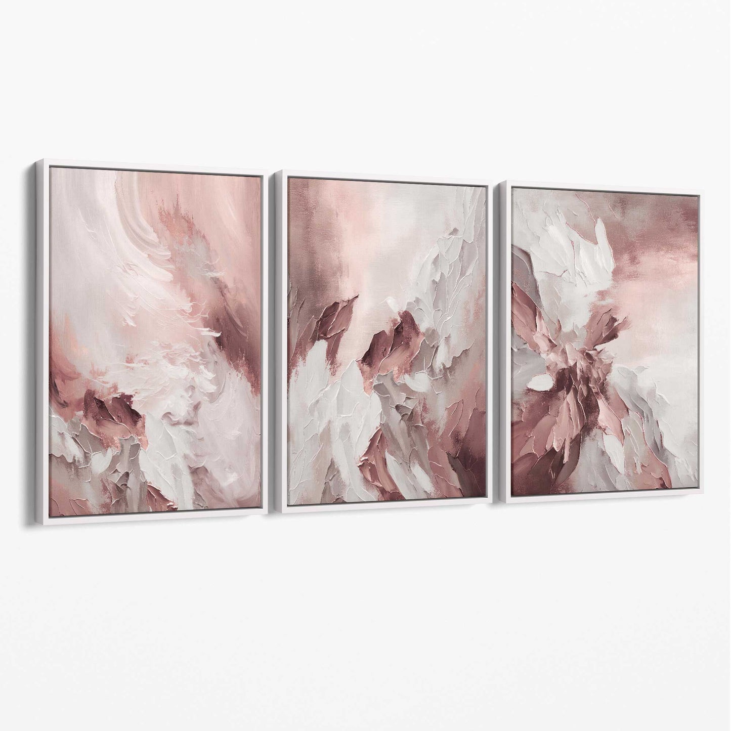 Abstraktes Set aus 3 Leinwandbildern in zartem Rosa und Weiß