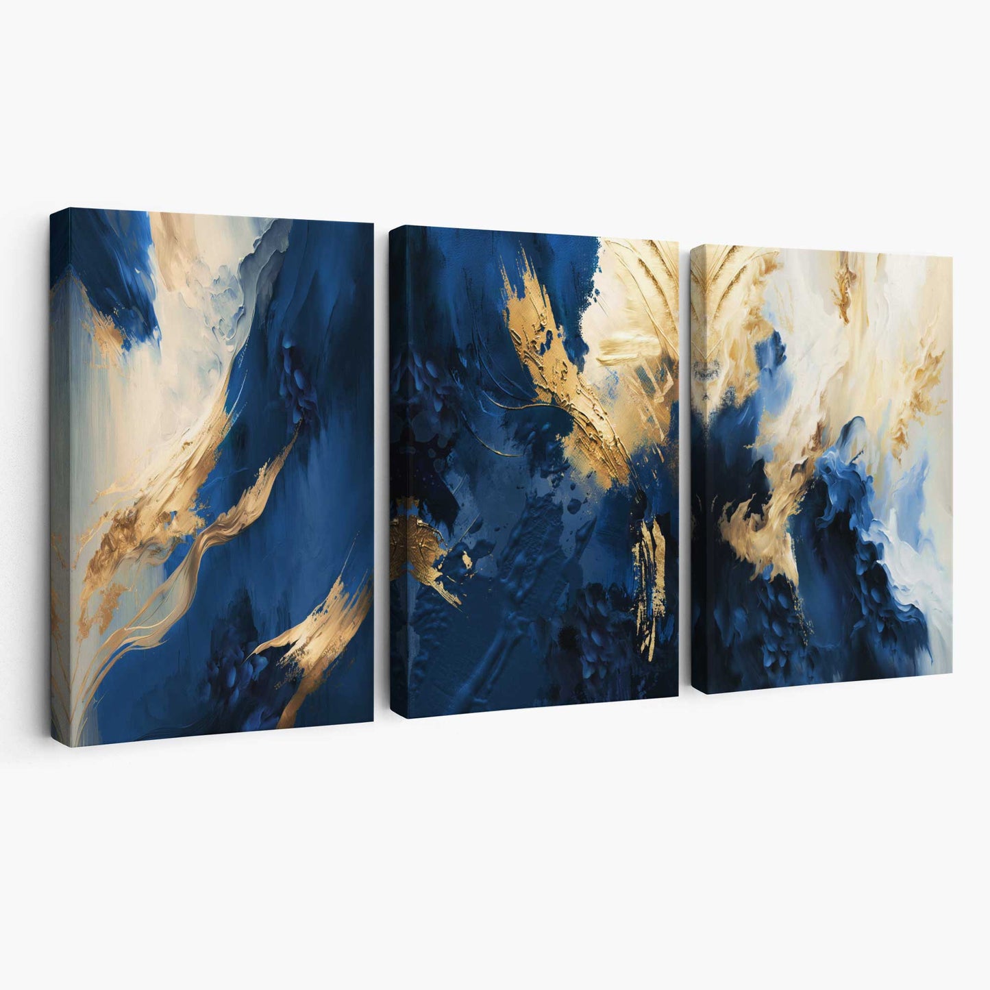Abstraktes Set aus 3 Leinwandbildern in Blau und Gold