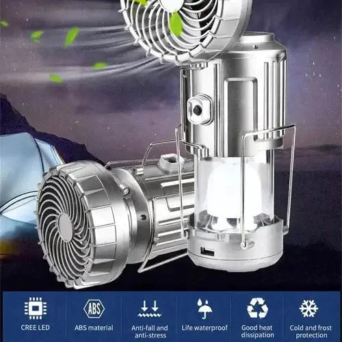 Campinglaterne mit Ventilator & Powerbank | Solar- und wiederaufladbares LED-Licht | Tragbares Outdoor-Equipment | Karnz