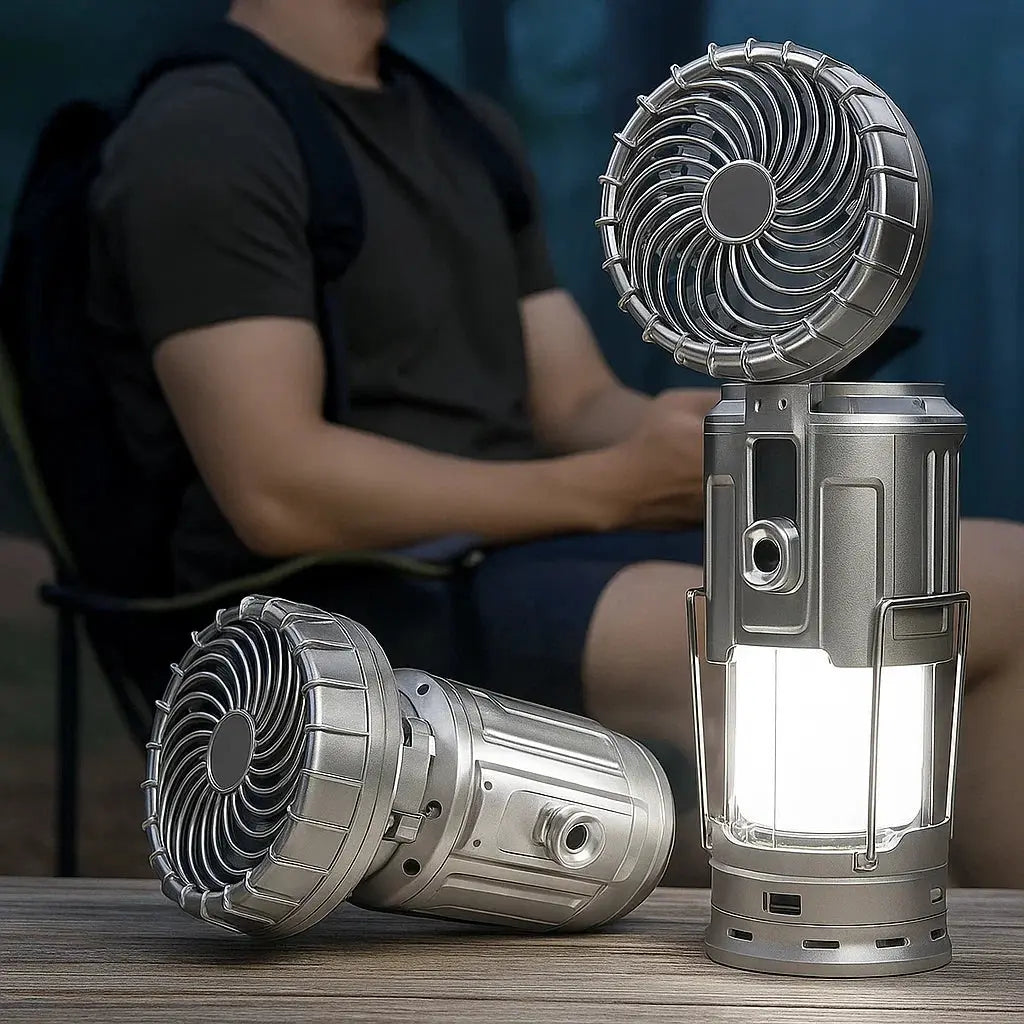 Campinglaterne mit Ventilator & Powerbank | Solar- und wiederaufladbares LED-Licht | Tragbares Outdoor-Equipment | Karnz