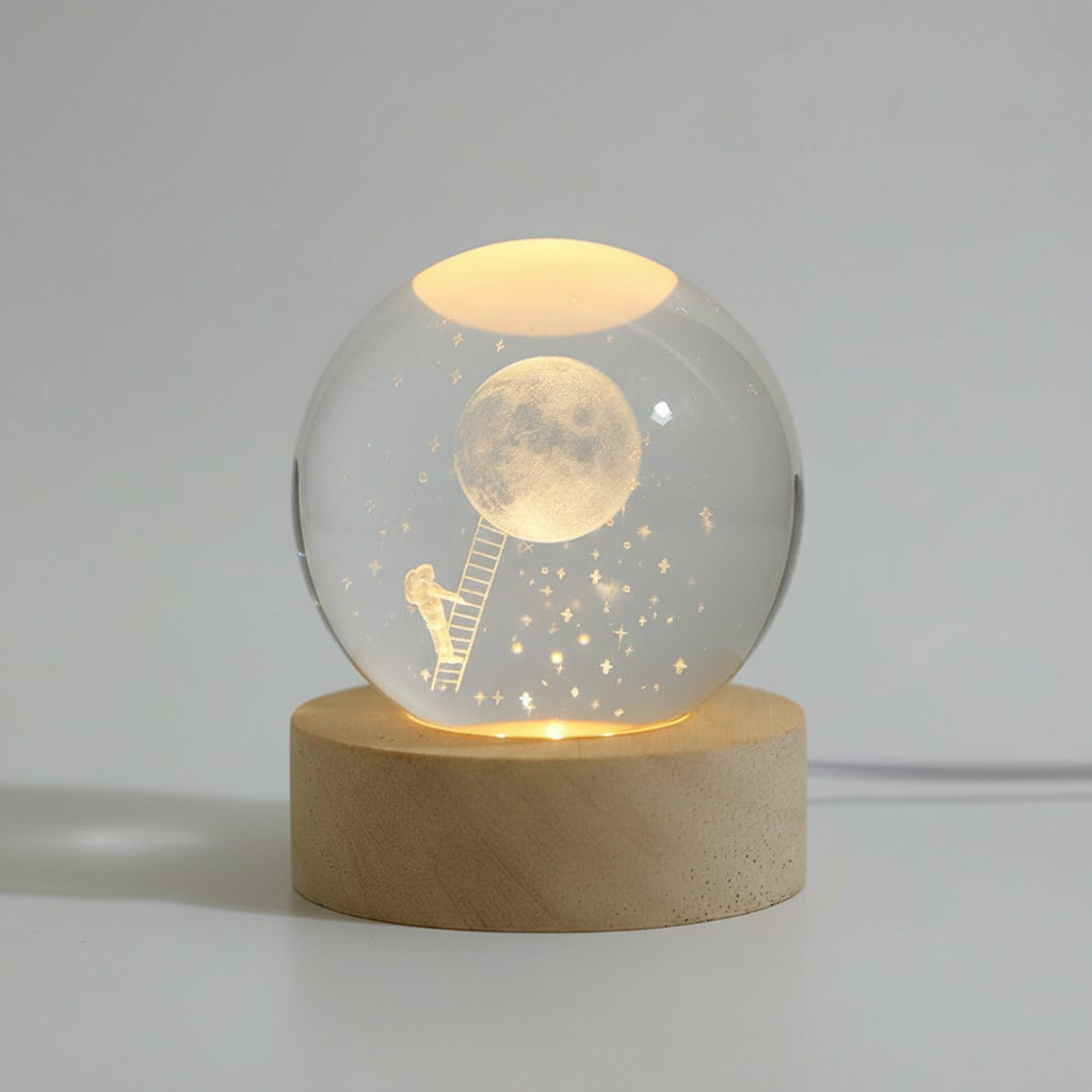 AstroGlobe 3D Lampe – Sphärische Holz-Tischlampe mit warmem LED-Licht und Planetendesign | Karnz
