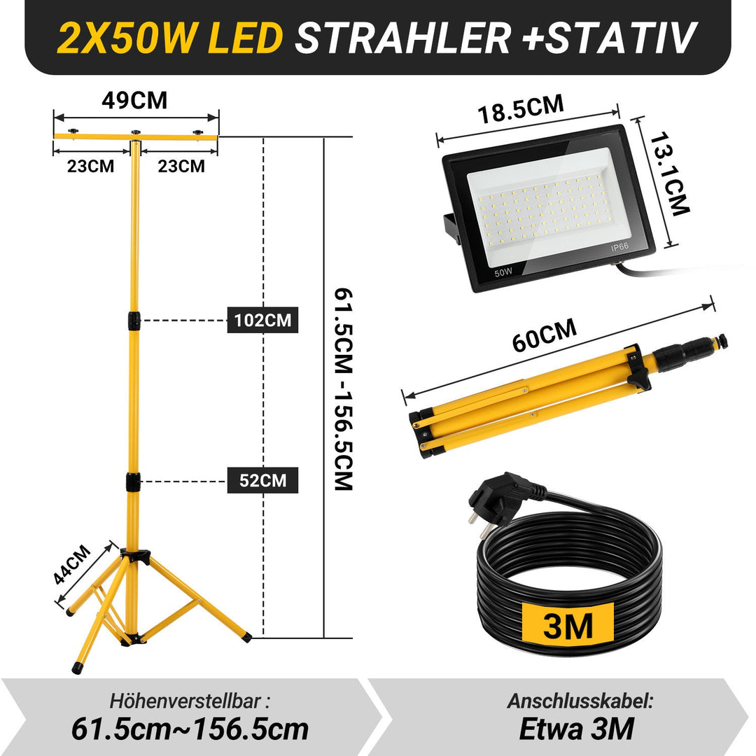 LED Baustrahler 2 x 50W/100W/200W mit Stativ Einstellbar | Karnz