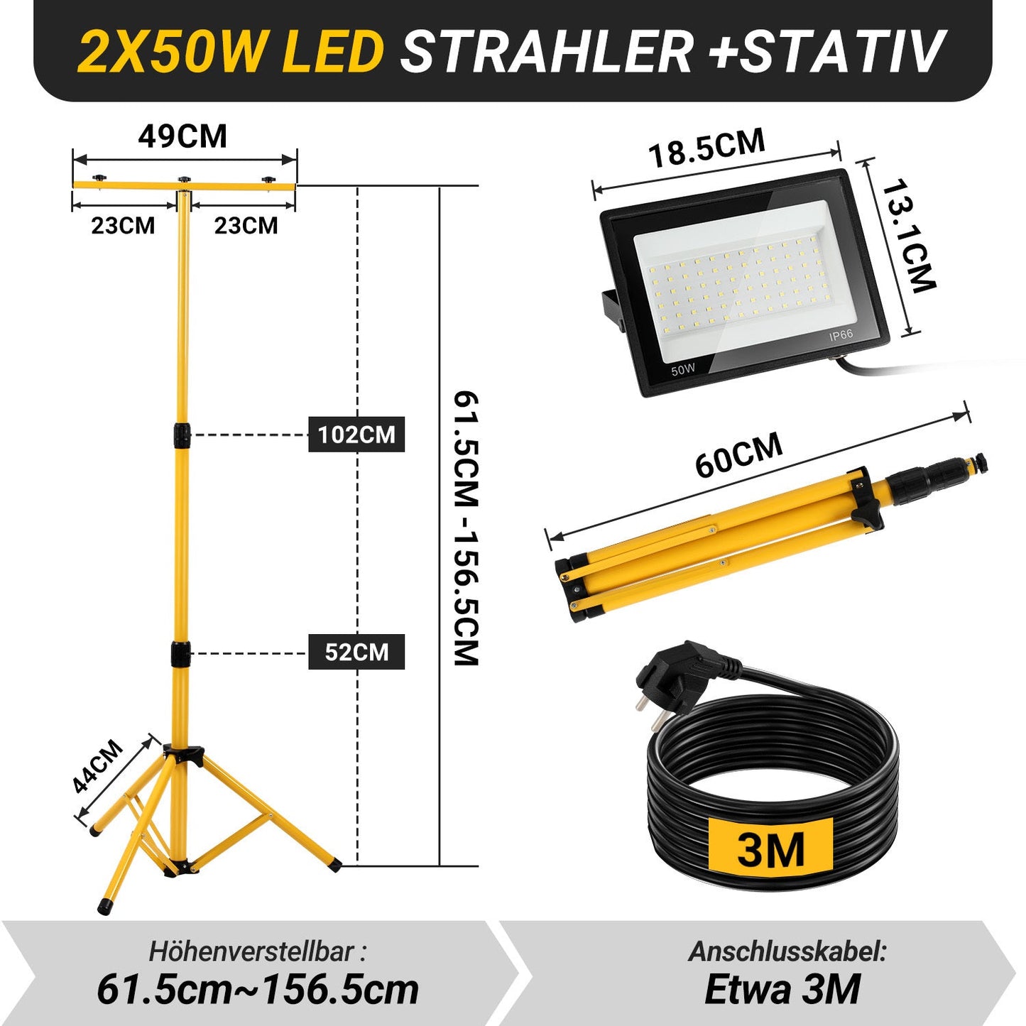 LED Baustrahler 2 x 50W/100W/200W mit Stativ Einstellbar | Karnz