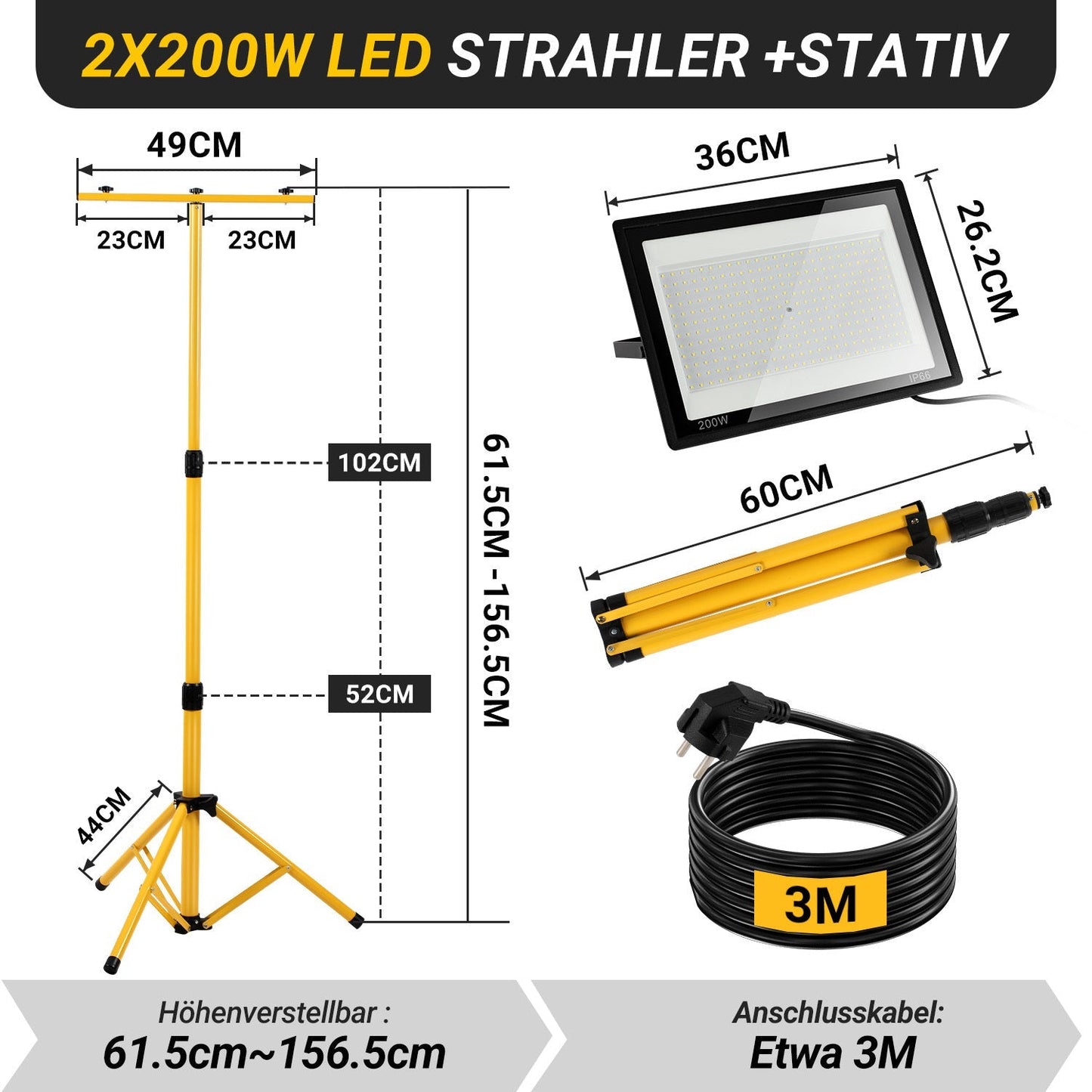 LED Baustrahler 2 x 50W/100W/200W mit Stativ Einstellbar | Karnz