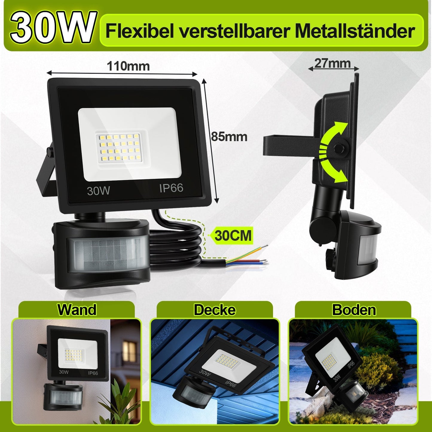 LED Fluter mit Bewegungsmelder Kaltweiß 10W-100W(kein Stecker) | Karnz