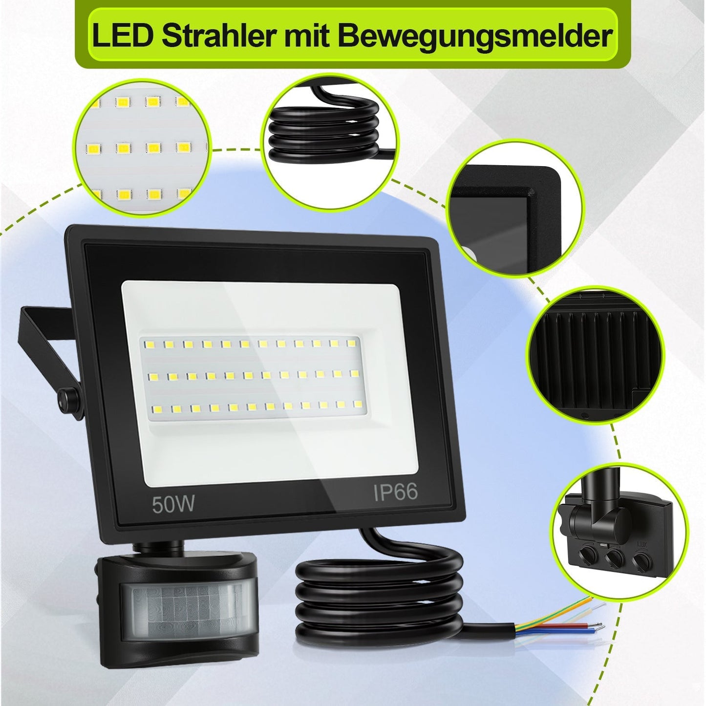 LED Fluter mit Bewegungsmelder Kaltweiß 10W-100W(kein Stecker) | Karnz