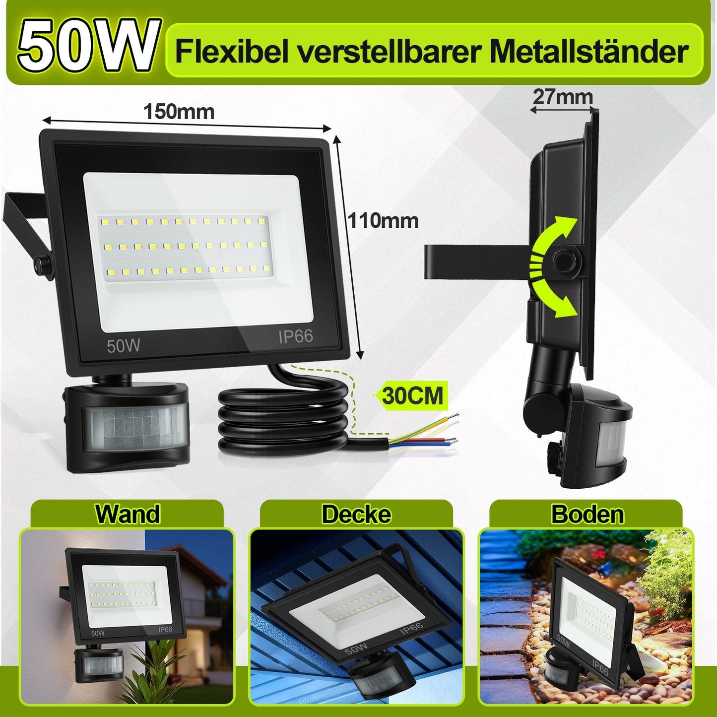 LED Fluter mit Bewegungsmelder Kaltweiß 10W-100W(kein Stecker) | Karnz