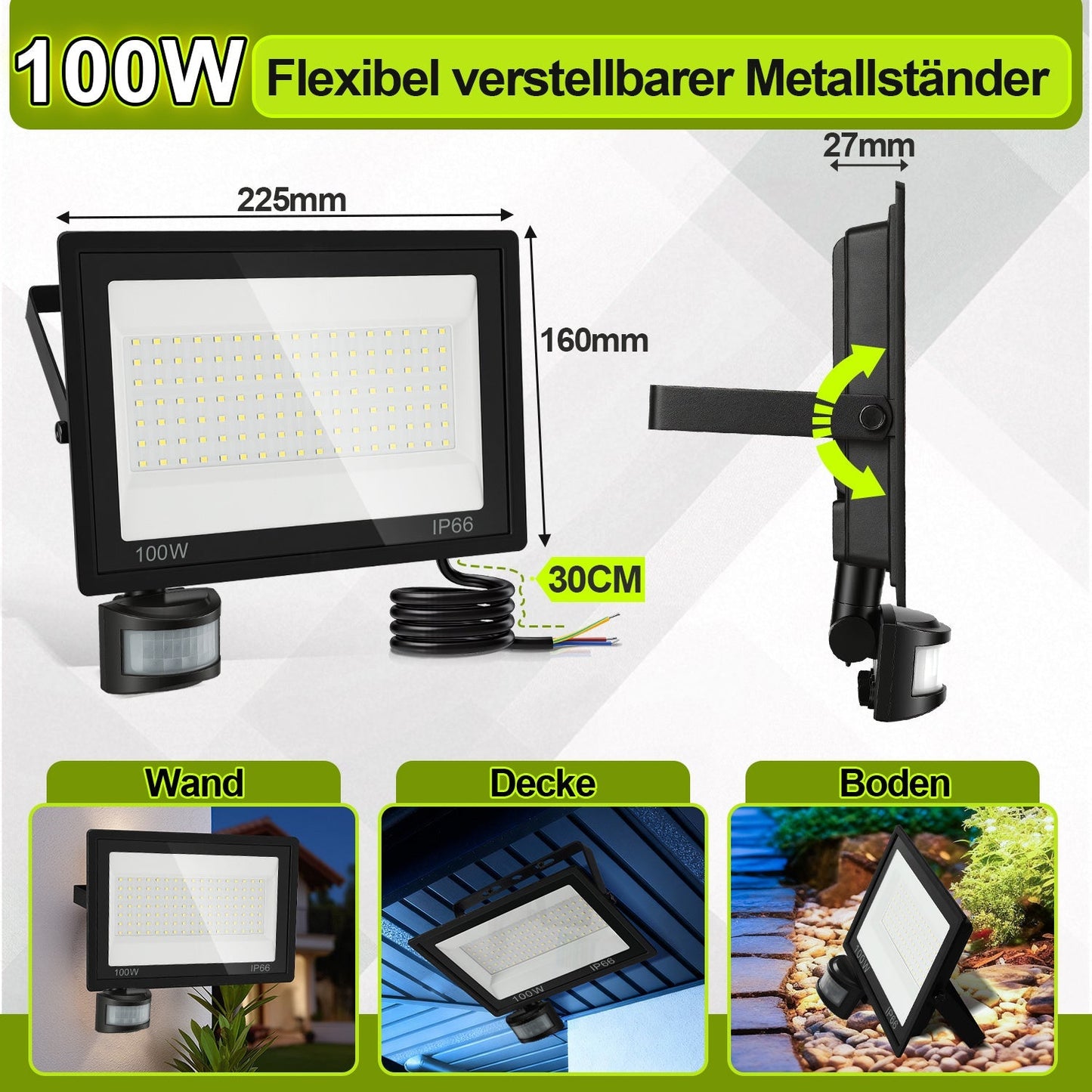 LED Fluter mit Bewegungsmelder Kaltweiß 10W-100W(kein Stecker) | Karnz