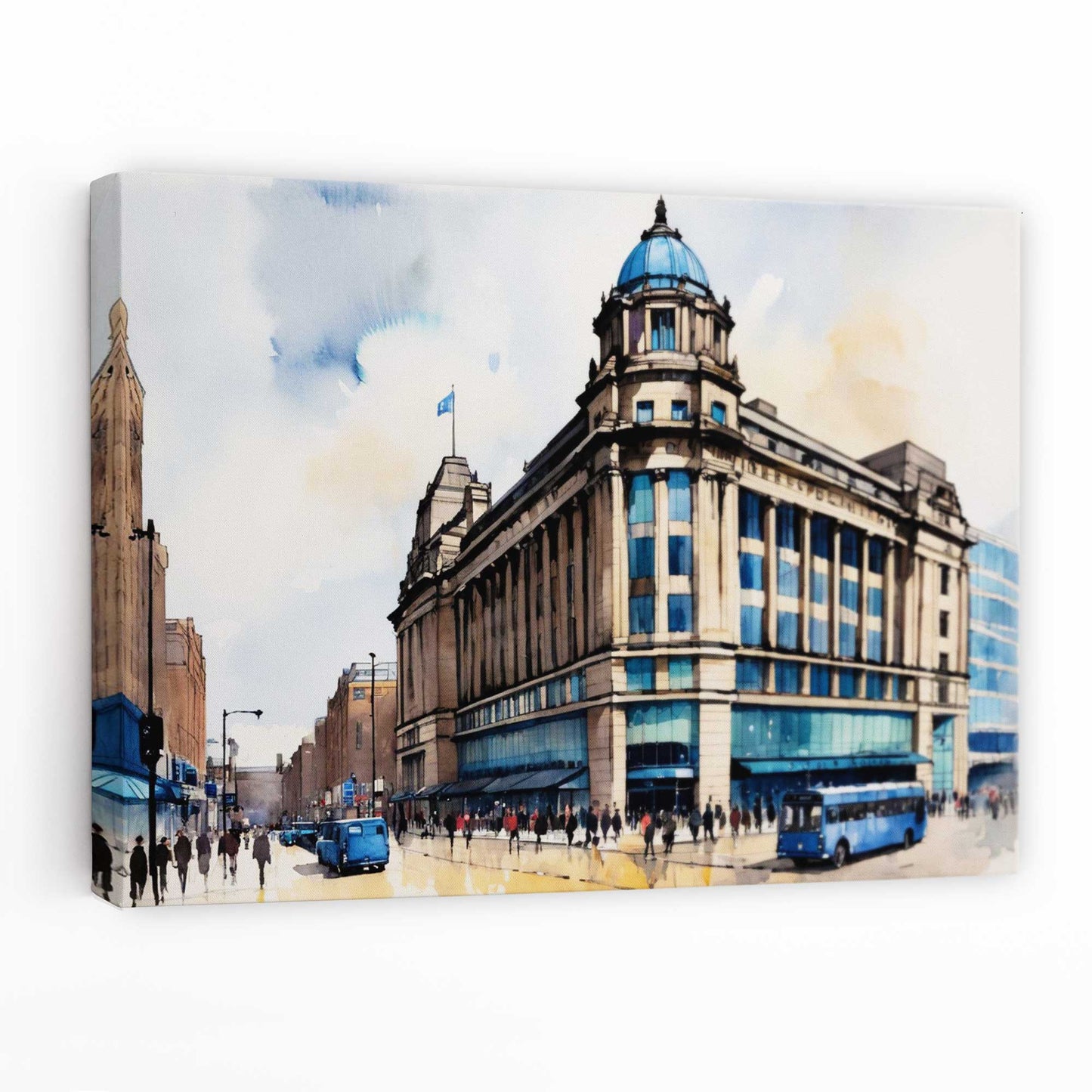 Abstraktes Wandbild mit ikonischem Manchester City-Gebäude im Art-déco-Stil