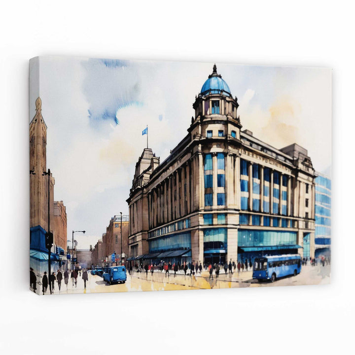 Abstraktes Wandbild mit ikonischem Manchester City-Gebäude im Art-déco-Stil