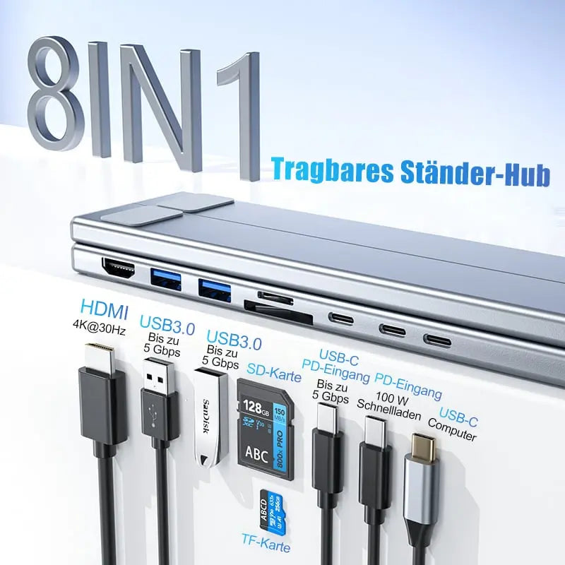 Faltbarer Laptop-Ständer mit 8-in-1 Hub – Für Technik-Enthusiasten & Schnellladungs-Fans