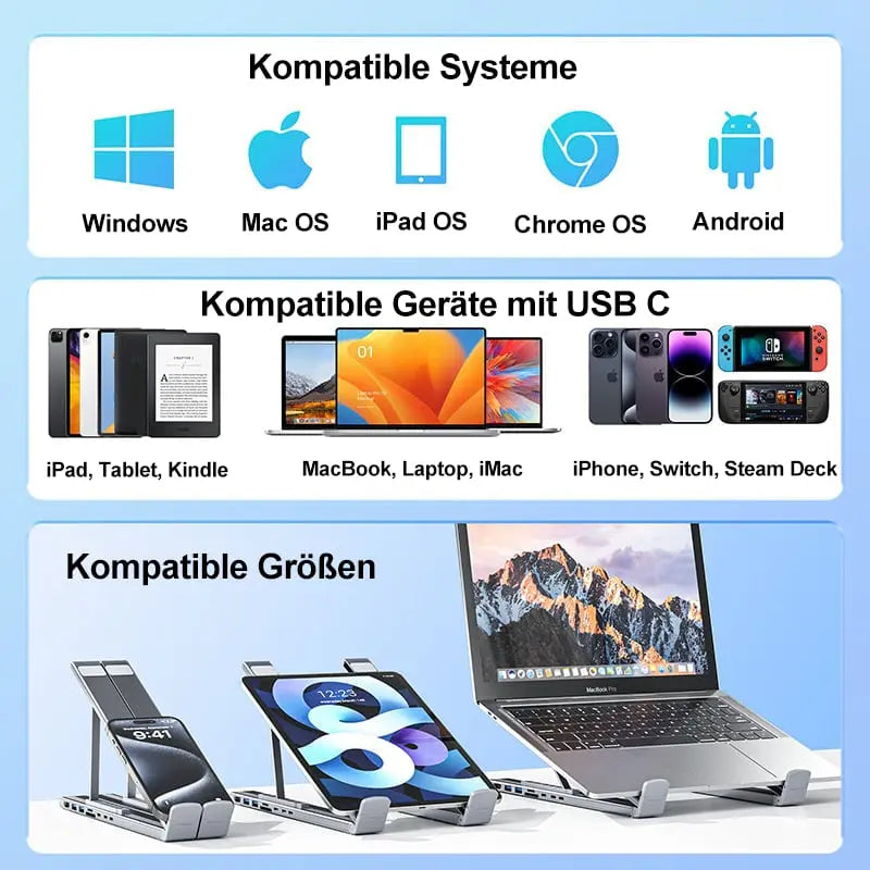 Faltbarer Laptop-Ständer mit 8-in-1 Hub – Für Technik-Enthusiasten & Schnellladungs-Fans