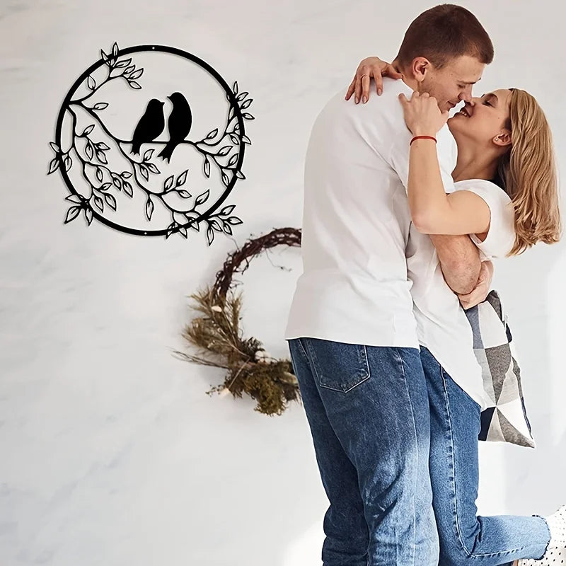 Love Birds Auf Einem Zweig Metall Wandkunst 3D Skulpturiertes Eisenhandwerk Vogel Silhouette Wanddekoration Für Wohnzimmer Esszimmer Garten Kreative Nordische Wohnkultur