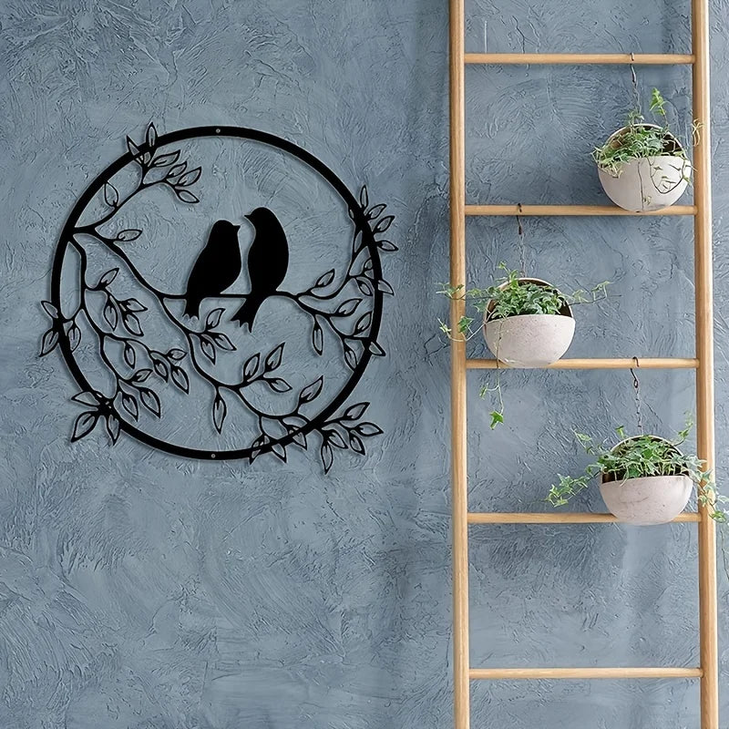 Love Birds Auf Einem Zweig Metall Wandkunst 3D Skulpturiertes Eisenhandwerk Vogel Silhouette Wanddekoration Für Wohnzimmer Esszimmer Garten Kreative Nordische Wohnkultur