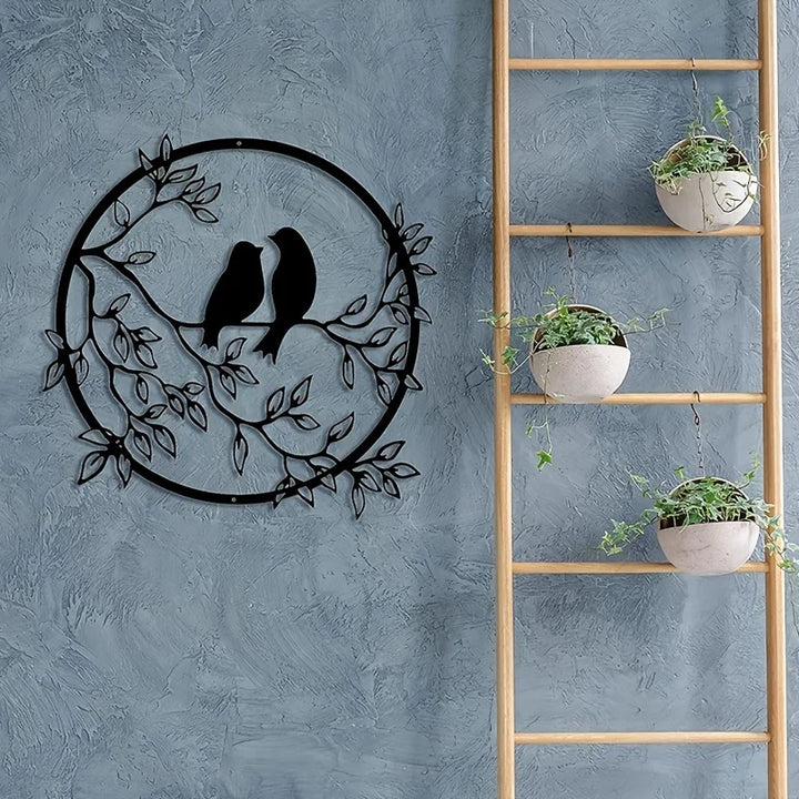 Love Birds Auf Einem Zweig Metall Wandkunst 3D Skulpturiertes Eisenhandwerk Vogel Silhouette Wanddekoration Für Wohnzimmer Esszimmer Garten Kreative Nordische Wohnkultur