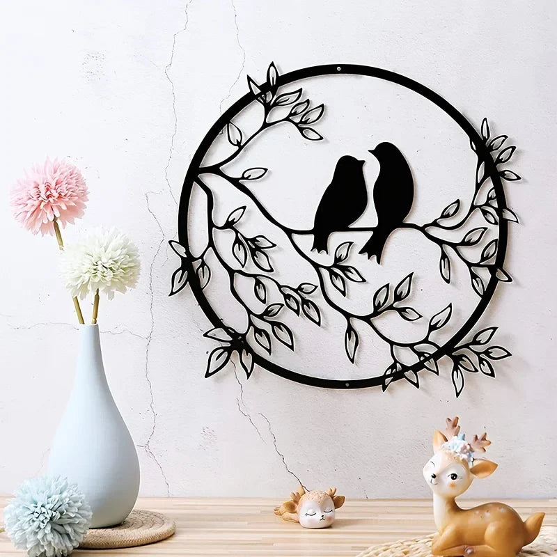Love Birds Auf Einem Zweig Metall Wandkunst 3D Skulpturiertes Eisenhandwerk Vogel Silhouette Wanddekoration Für Wohnzimmer Esszimmer Garten Kreative Nordische Wohnkultur