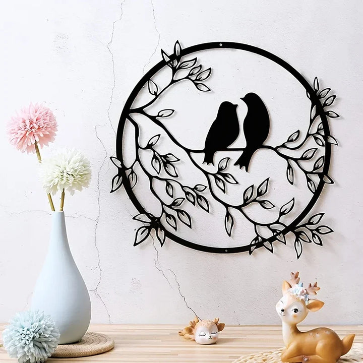 Love Birds Auf Einem Zweig Metall Wandkunst 3D Skulpturiertes Eisenhandwerk Vogel Silhouette Wanddekoration Für Wohnzimmer Esszimmer Garten Kreative Nordische Wohnkultur