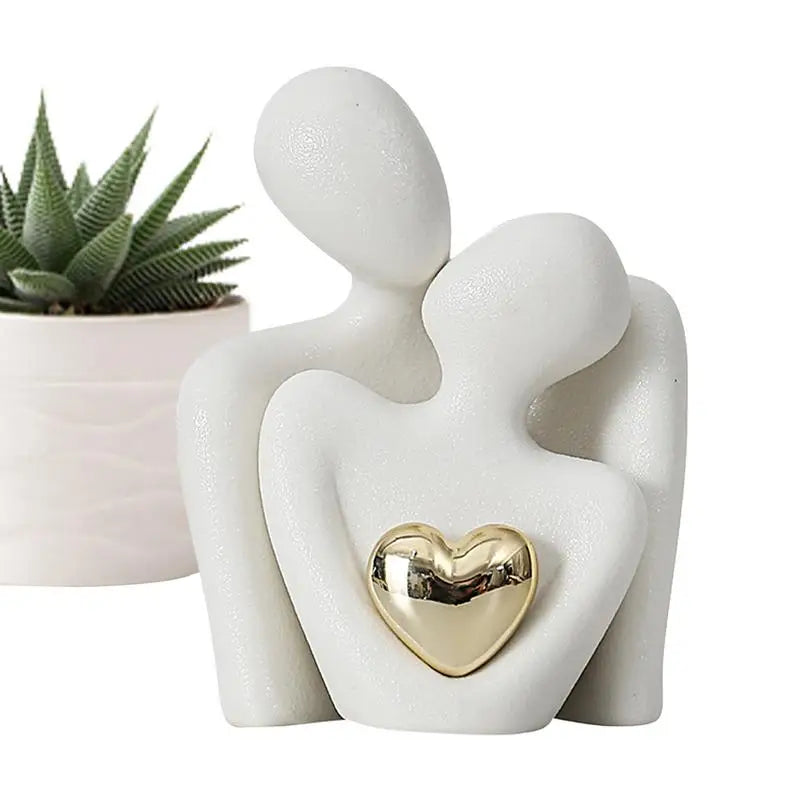 Lovers Skulptur Minimalistisch Nordisch Abstrakt Keramische Figur Kunst mit Goldenem Herz Akzent