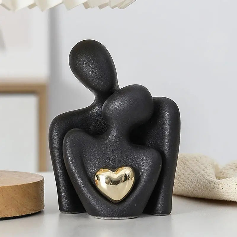 Lovers Skulptur Minimalistisch Nordisch Abstrakt Keramische Figur Kunst mit Goldenem Herz Akzent