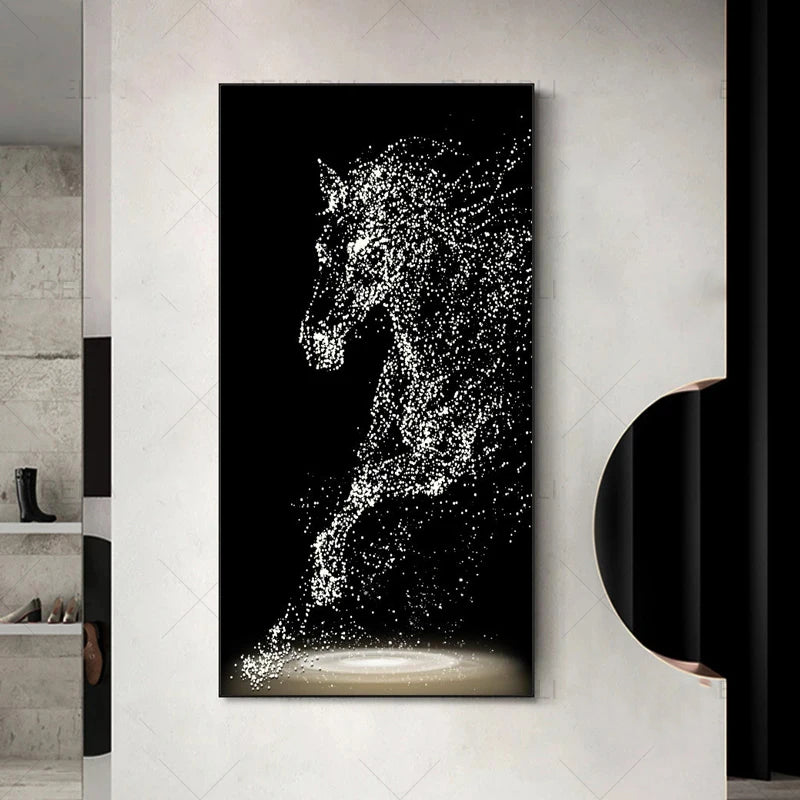 Minimalistische abstrakte Lichtspritzer Pferd Wandkunst Feine Kunstdrucke Reiterbilder für modernes Wohnzimmer Eingangsbereich Foyer Kunstdekoration | Karnz