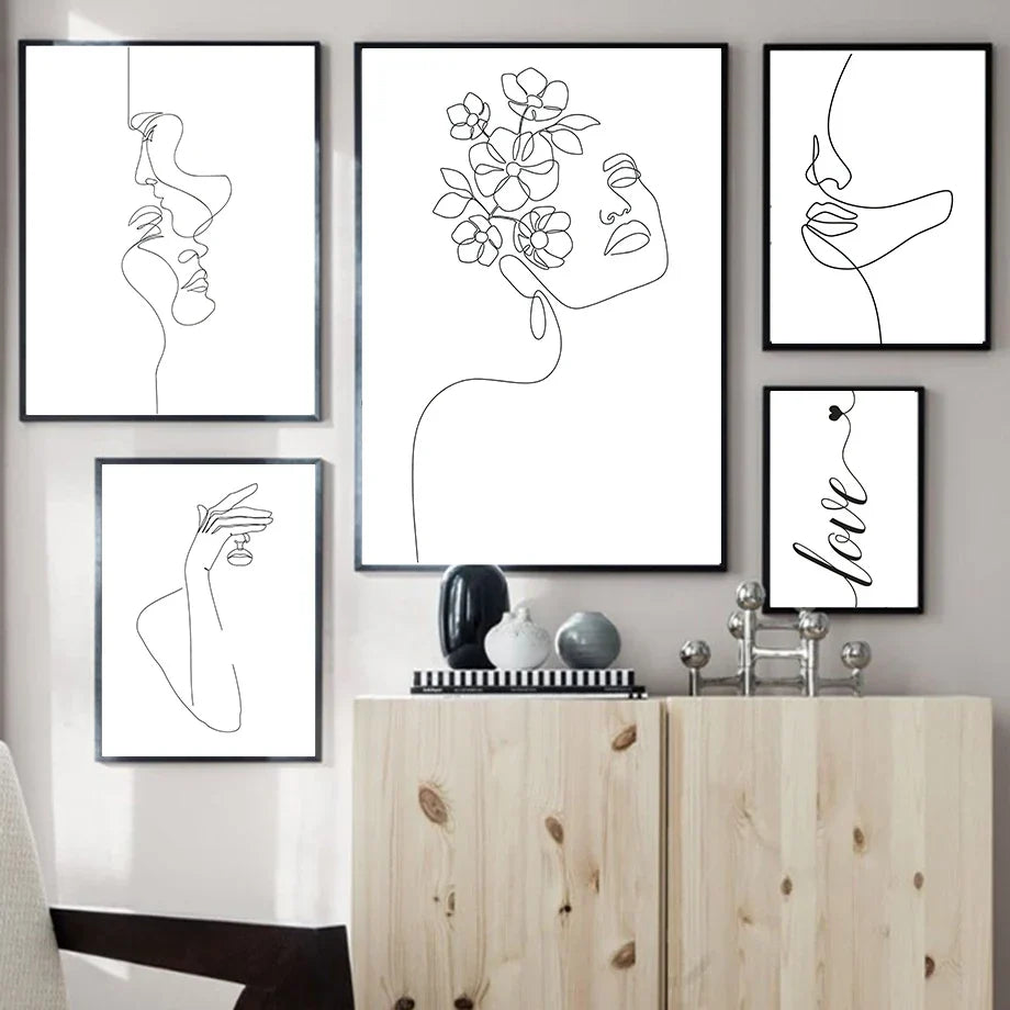 Minimalistische abstrakte Schwarz-Weiß-Schönheitsfigur Kunst Linienkunst Fine Art Leinwanddrucke Bilder für Wohnzimmer Schlafzimmer Salon Kunst Dekor | Karnz