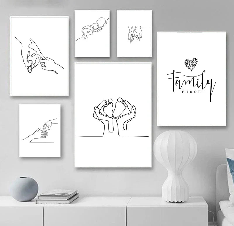 Minimalistische Schwarz-Weiß-Linienkunst Wandkunst Feine Kunst Leinwanddrucke Familieninspirierte Figurenkunst Inspirierende Bilder für moderne Wohnkultur