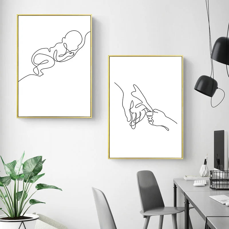 Minimalistische Schwarz-Weiß-Linienkunst Wandkunst Feine Kunst Leinwanddrucke Familieninspirierte Figurenkunst Inspirierende Bilder für moderne Wohnkultur