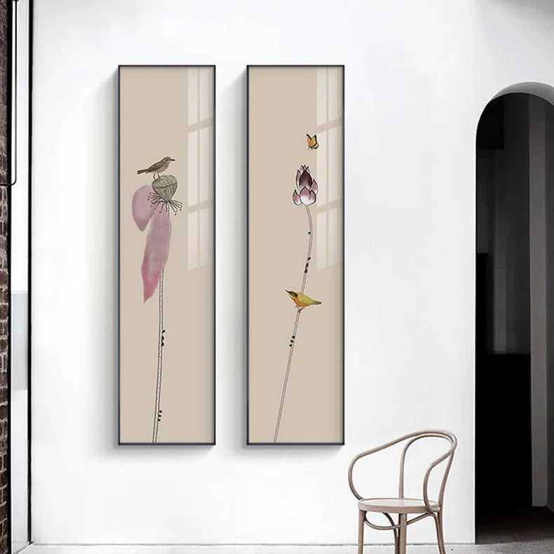 Minimalistische Blumen Vögel & Schmetterling Wandkunst Feine Kunst Leinwanddrucke Hohe Vertikale Format Bilder Für Foyer Lobby Empfangsraum Kunst Dekor | Karnz