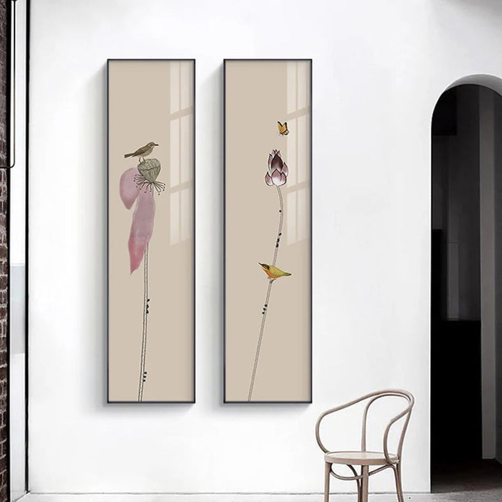 Minimalistische Blumen Vögel & Schmetterling Wandkunst Feine Kunst Leinwanddrucke Hohe Vertikale Format Bilder Für Foyer Lobby Empfangsraum Kunst Dekor | Karnz