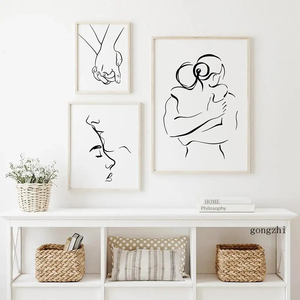 Minimalistische Linienkunst Liebhaber Schwarz Weiß Wandkunst Fine Art Leinwanddrucke Poster Bilder Für Schlafzimmer Wohnzimmer Romantische Paare Kunst Für Moderne Wohnkultur