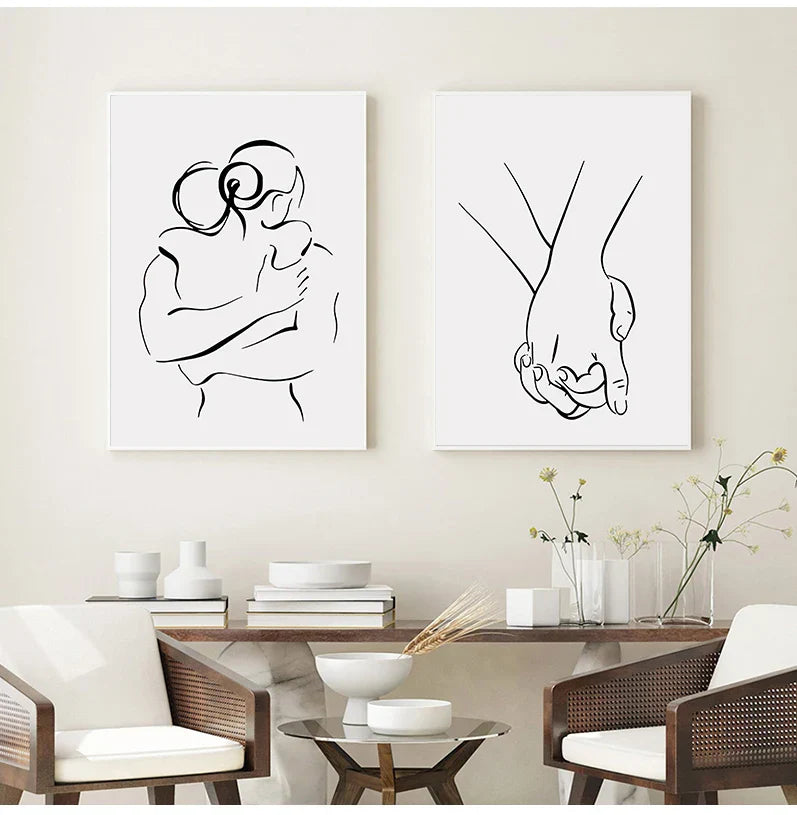 Minimalistische Linienkunst Liebhaber Schwarz Weiß Wandkunst Fine Art Leinwanddrucke Poster Bilder Für Schlafzimmer Wohnzimmer Romantische Paare Kunst Für Moderne Wohnkultur