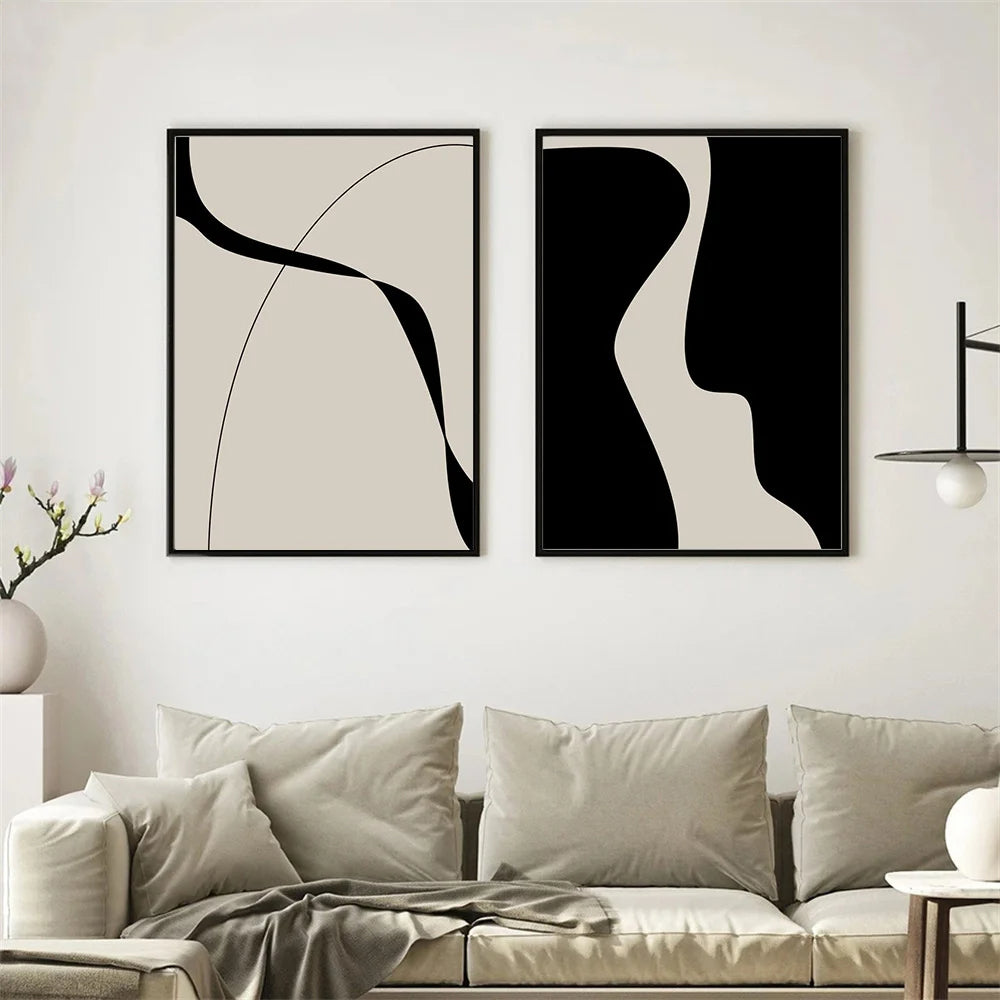 Moderne abstrakte schwarze Form & Linie minimalistische Wandkunst Fine Art Leinwanddrucke Bilder für moderne Wohnungen Wohnzimmer Schlafzimmer Kunst Dekor | Karnz
