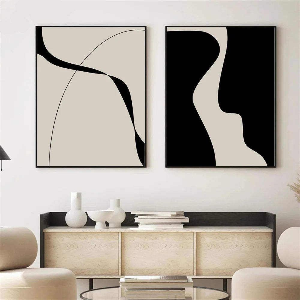 Moderne abstrakte schwarze Form & Linie minimalistische Wandkunst Fine Art Leinwanddrucke Bilder für moderne Wohnungen Wohnzimmer Schlafzimmer Kunst Dekor | Karnz
