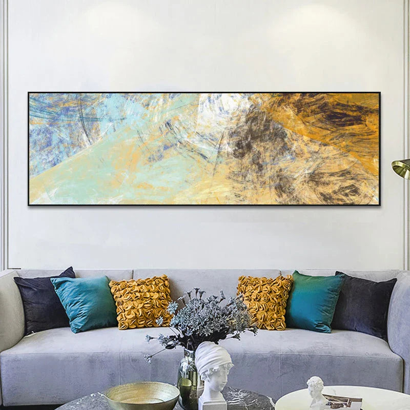 Moderne abstrakte blaue und gelbe Farbspritzer Wandkunst Fine Art Leinwanddrucke Breitformatbilder für über dem Sofa Schlafzimmerkunst für über dem Bett
