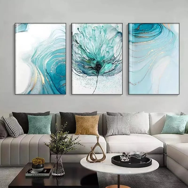 Moderne abstrakte botanische florale blaue goldene Jade-Marmor-Drucke Wandkunst Fine Art Leinwanddrucke Bilder für Wohnzimmer Schlafzimmer Dekoration