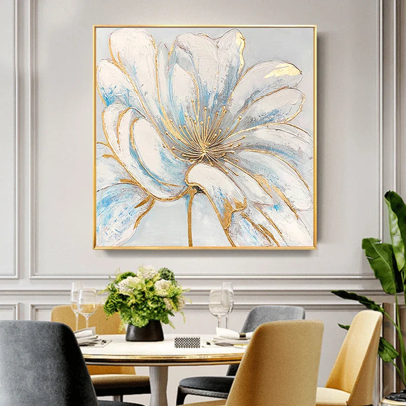 Moderne abstrakte Blumen Wandkunst Fine Art Leinwanddrucke quadratisches Format weiße goldene Blumenbilder für Wohnzimmer Schlafzimmer Kunstdekoration