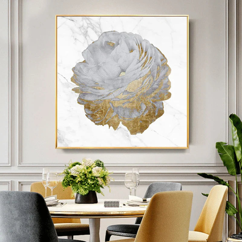 Moderne abstrakte Blumen Wandkunst Fine Art Leinwanddrucke quadratisches Format weiße goldene Blumenbilder für Wohnzimmer Schlafzimmer Kunstdekoration