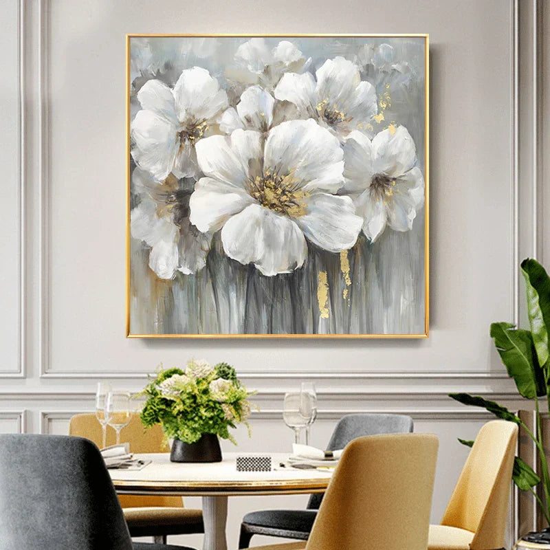 Moderne abstrakte Blumen Wandkunst Fine Art Leinwanddrucke quadratisches Format weiße goldene Blumenbilder für Wohnzimmer Schlafzimmer Kunstdekoration