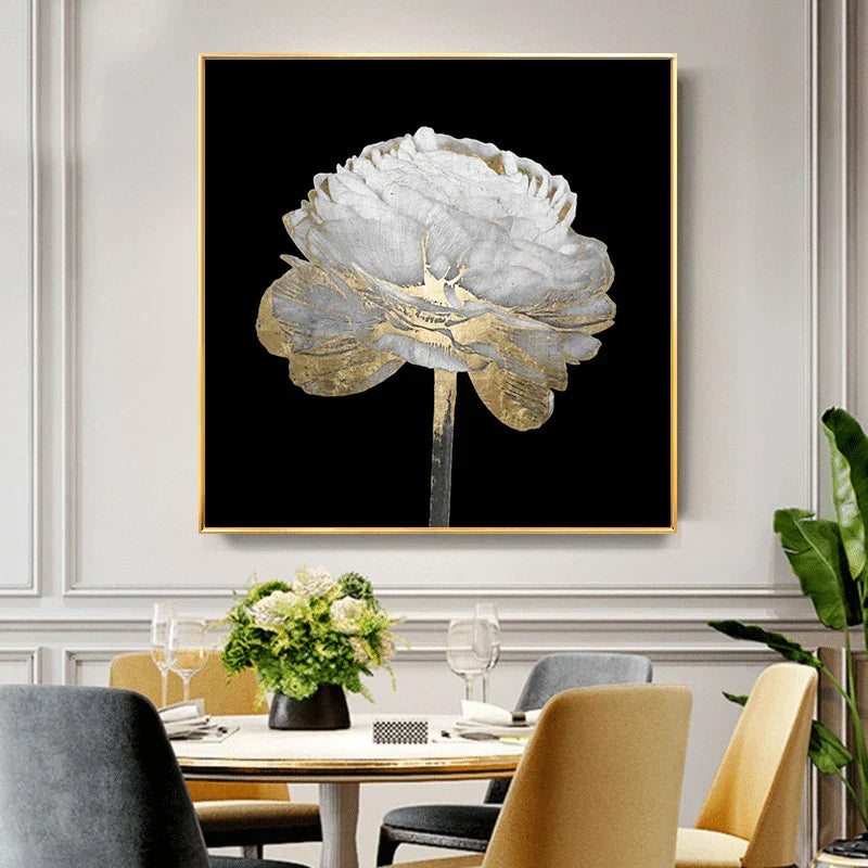 Moderne abstrakte Blumen Wandkunst Fine Art Leinwanddrucke quadratisches Format weiße goldene Blumenbilder für Wohnzimmer Schlafzimmer Kunstdekoration