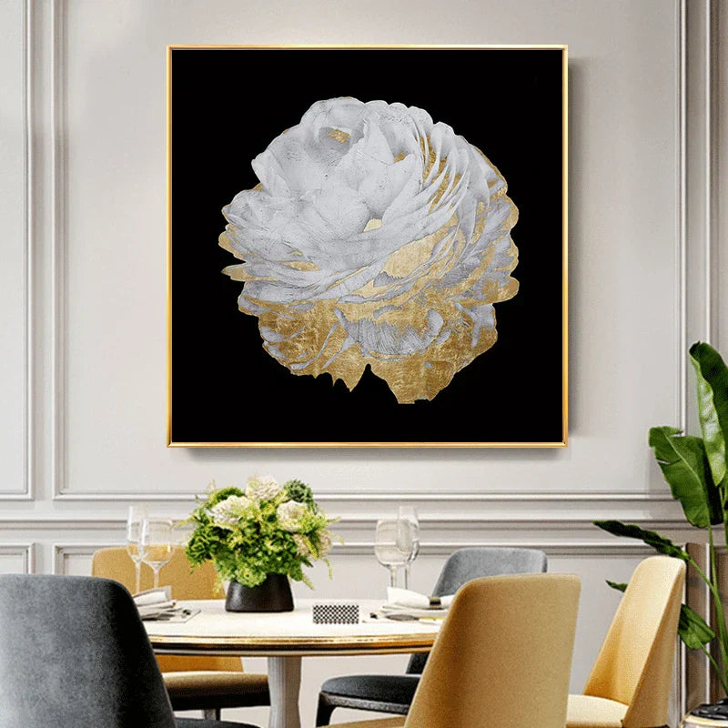Moderne abstrakte Blumen Wandkunst Fine Art Leinwanddrucke quadratisches Format weiße goldene Blumenbilder für Wohnzimmer Schlafzimmer Kunstdekoration