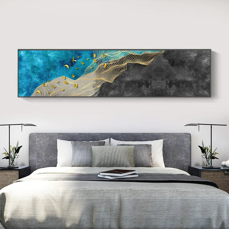 Abstrakte Goldene Vögel Im Blauen Himmel Breitformat Wandkunst Fine Art Leinwanddrucke Bild Für Über Dem Bett Kunst Für Über Dem Sofa