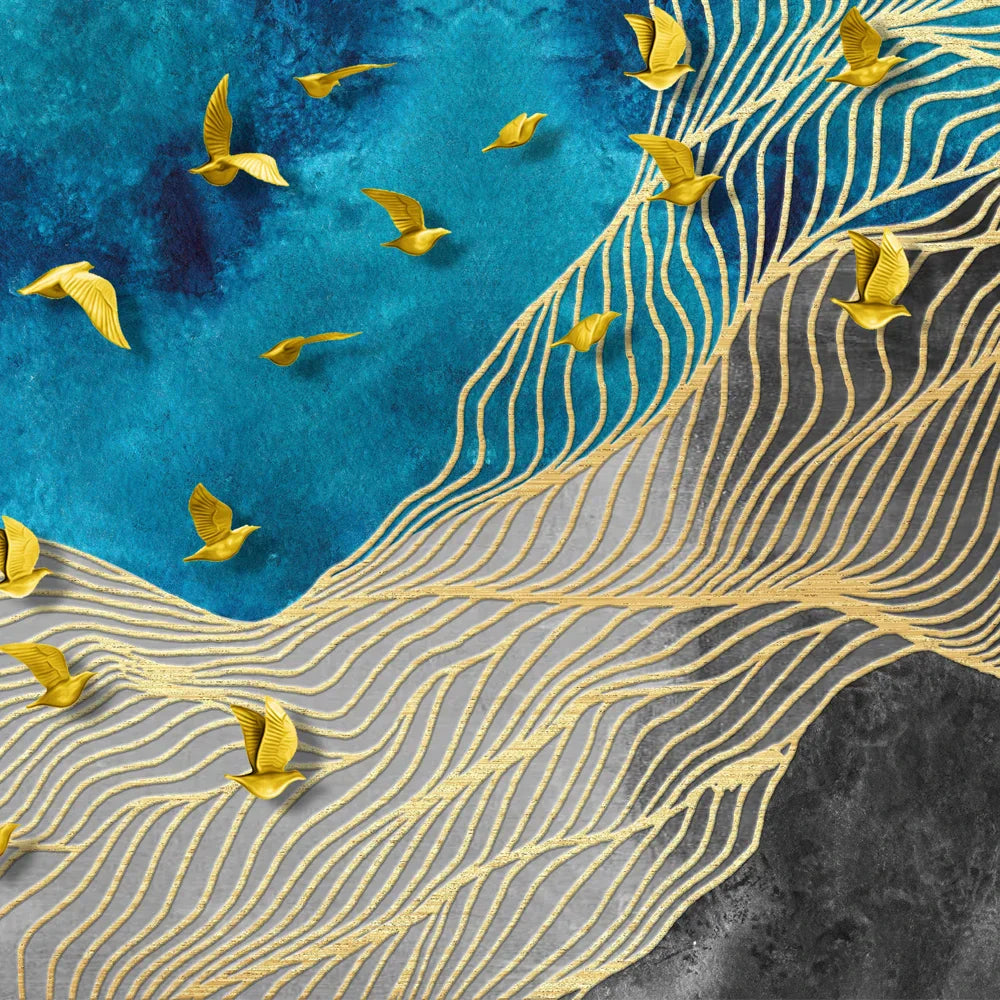 Abstrakte Goldene Vögel Im Blauen Himmel Breitformat Wandkunst Fine Art Leinwanddrucke Bild Für Über Dem Bett Kunst Für Über Dem Sofa