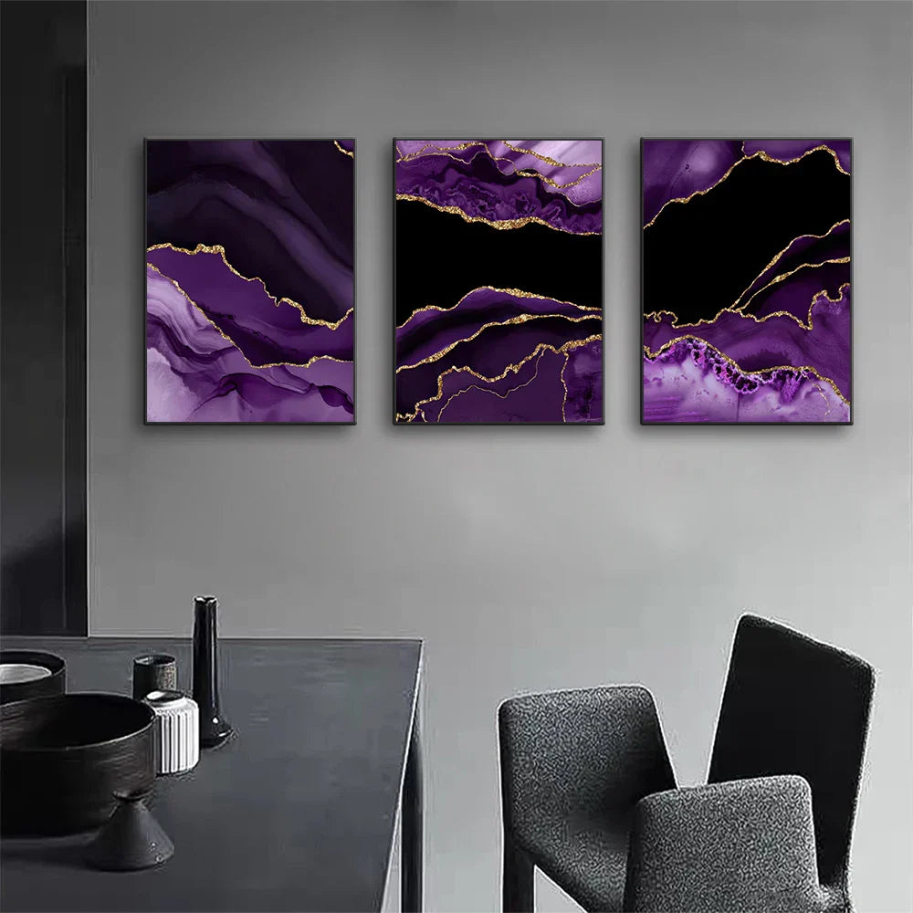 Moderne abstrakte flüssige lila schwarze Marmor-Druck Wandkunst Fine Art Leinwanddrucke Bilder für Wohnzimmer Esszimmer Home Office Kunstdekoration