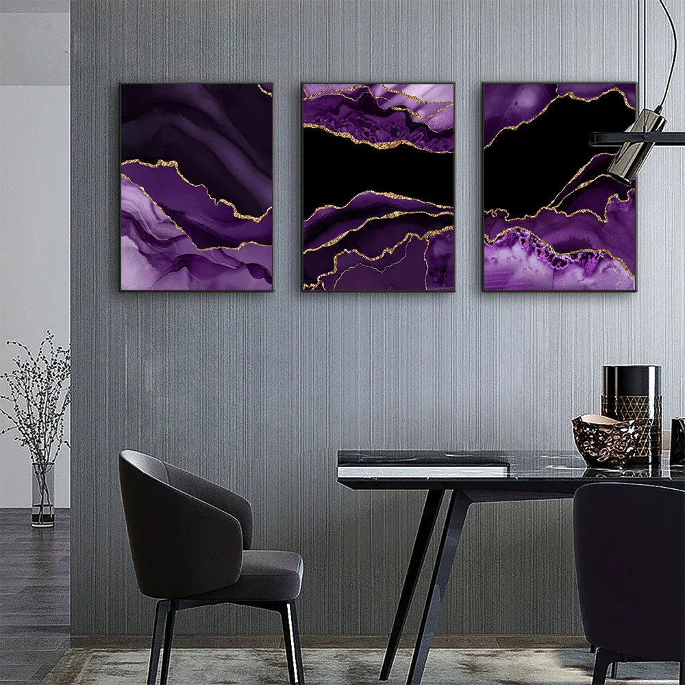 Moderne abstrakte flüssige lila schwarze Marmor-Druck Wandkunst Fine Art Leinwanddrucke Bilder für Wohnzimmer Esszimmer Home Office Kunstdekoration