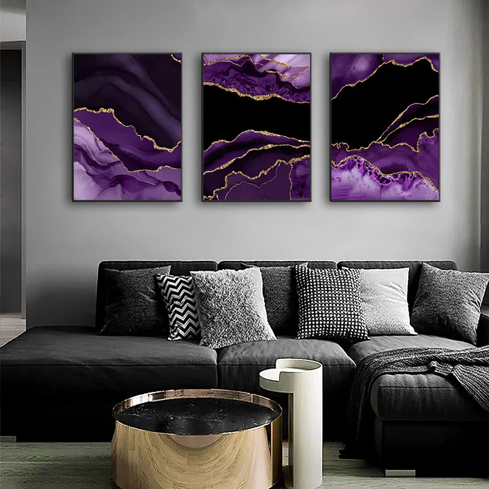 Moderne abstrakte flüssige lila schwarze Marmor-Druck Wandkunst Fine Art Leinwanddrucke Bilder für Wohnzimmer Esszimmer Home Office Kunstdekoration