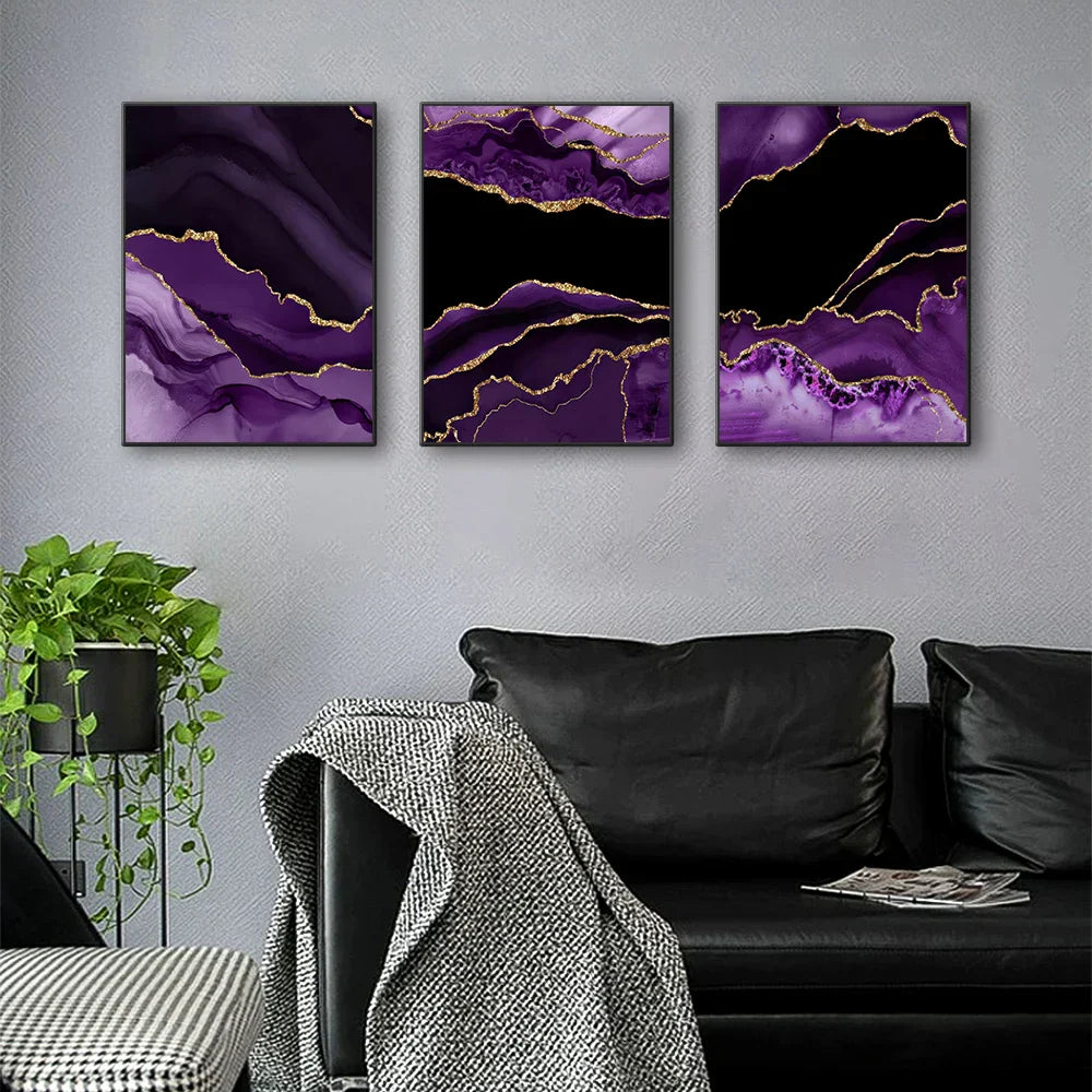 Moderne abstrakte flüssige lila schwarze Marmor-Druck Wandkunst Fine Art Leinwanddrucke Bilder für Wohnzimmer Esszimmer Home Office Kunstdekoration